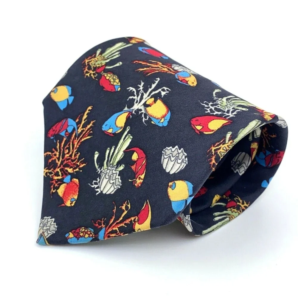 BEAUFORT Tie Rack Black Multicolor Fish Animal 100% Silk Necktie Made in Italy